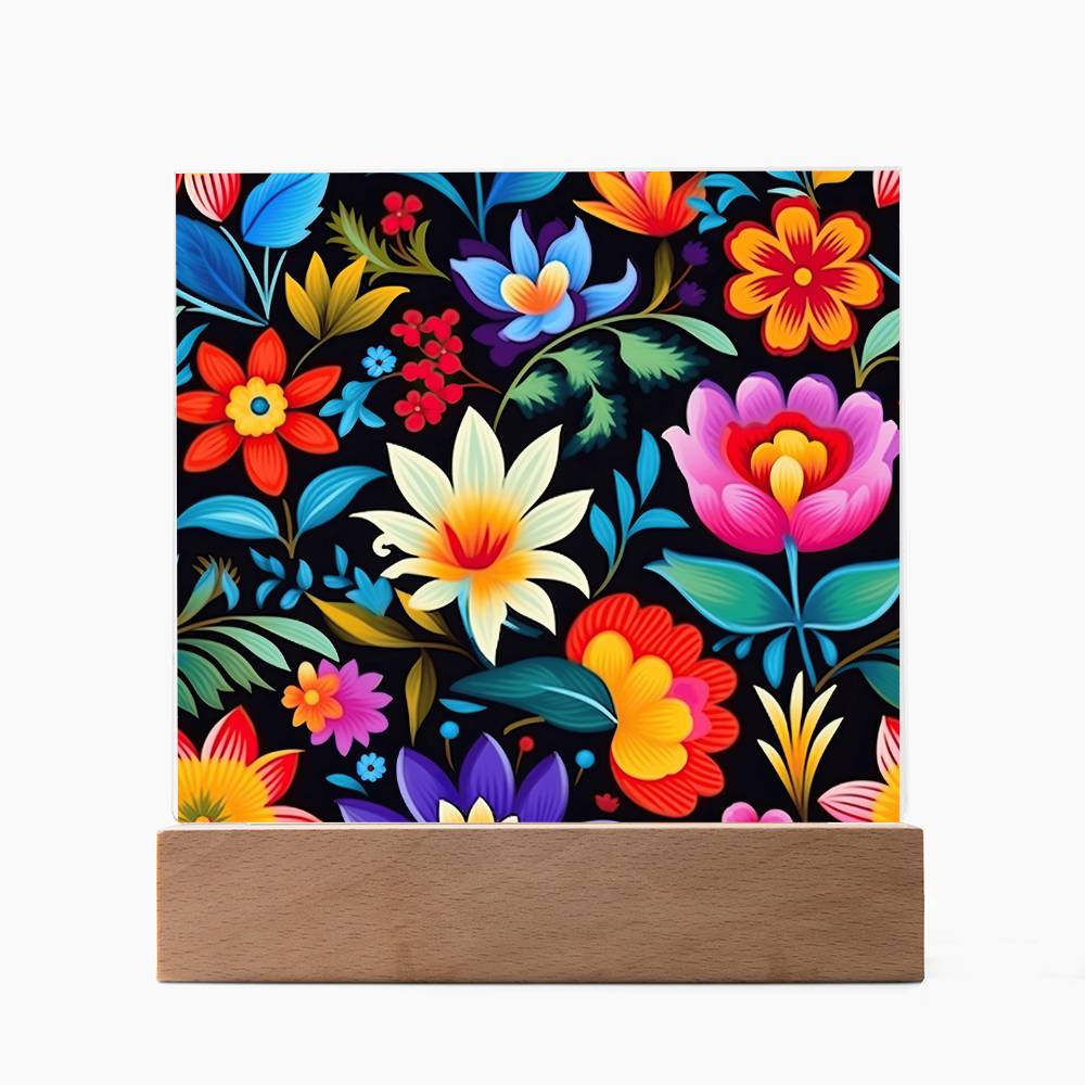 Mexican Floral Fiesta Pattern 036 - Square Acrylic Plaque With LED Base
