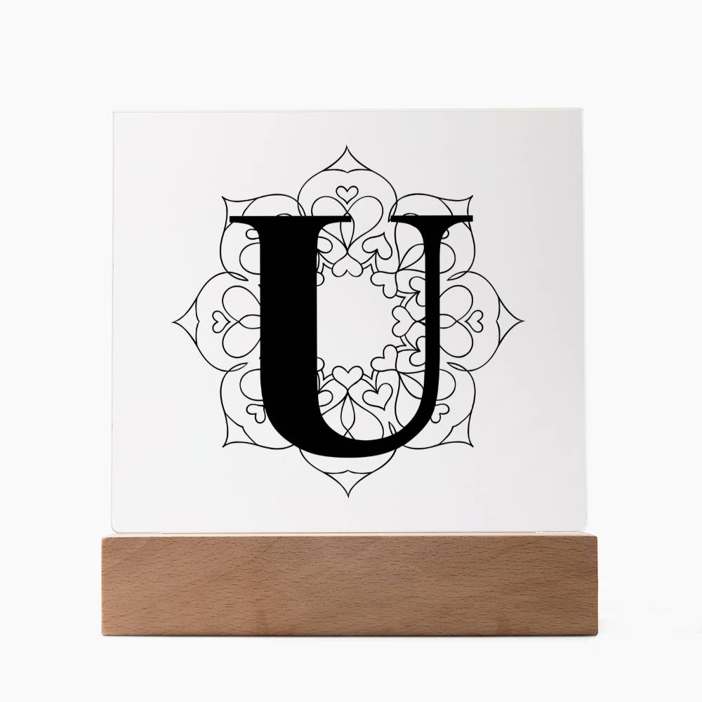 Magnolia Mandala Alphabet Letter U - Square Acrylic Plaque With LED Base