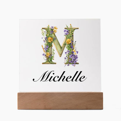 Michelle (Lavender Flowers) - Square Acrylic Plaque With LED Base