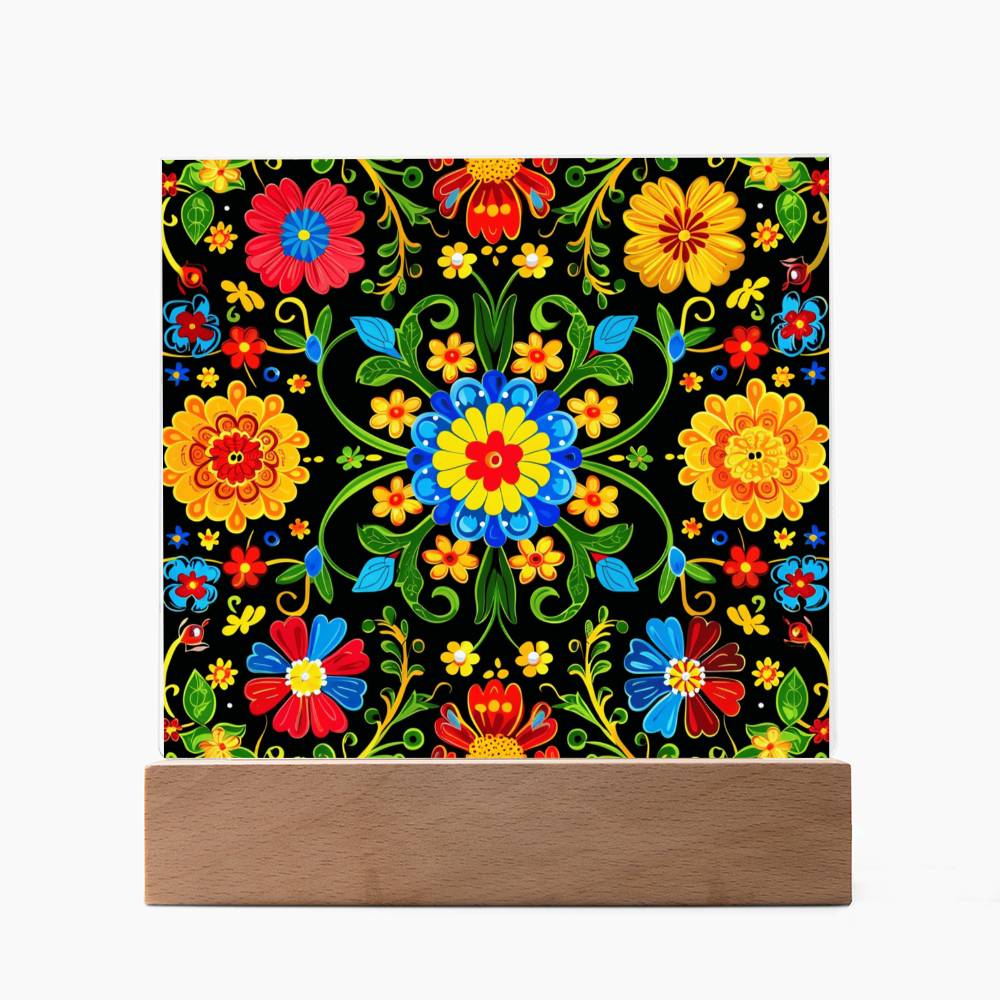Mexican Floral Fiesta Pattern 061 - Square Acrylic Plaque With LED Base