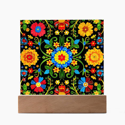 Mexican Floral Fiesta Pattern 061 - Square Acrylic Plaque With LED Base
