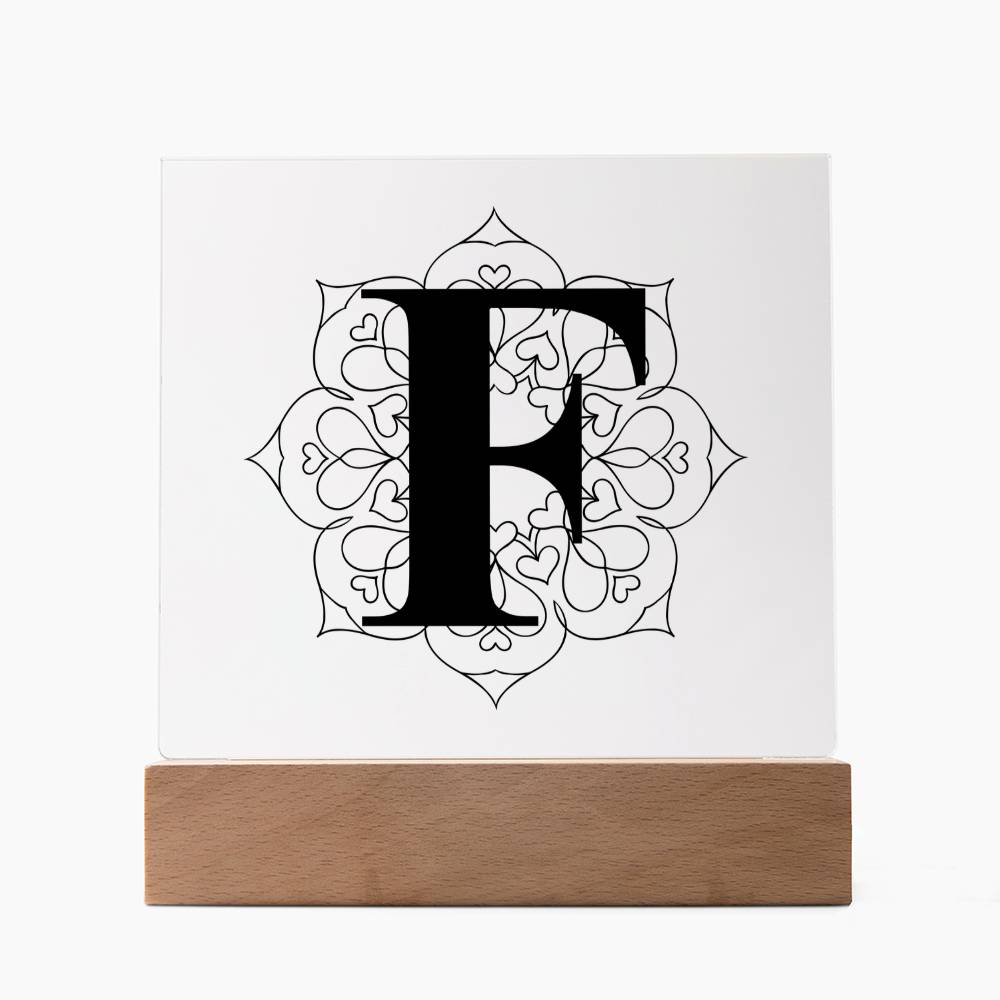 Magnolia Mandala Alphabet Letter F - Square Acrylic Plaque With LED Base