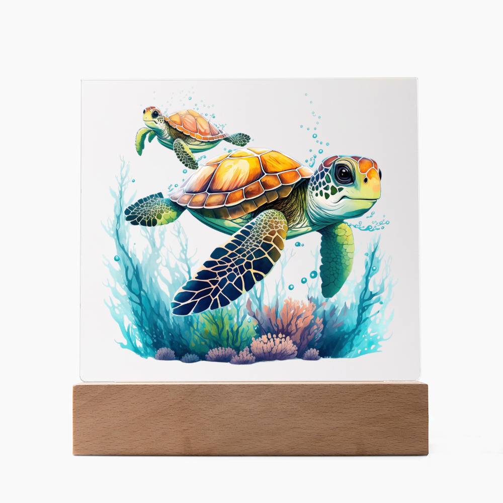 Cute Sea Turtle 009 - Square Acrylic Plaque With LED Base