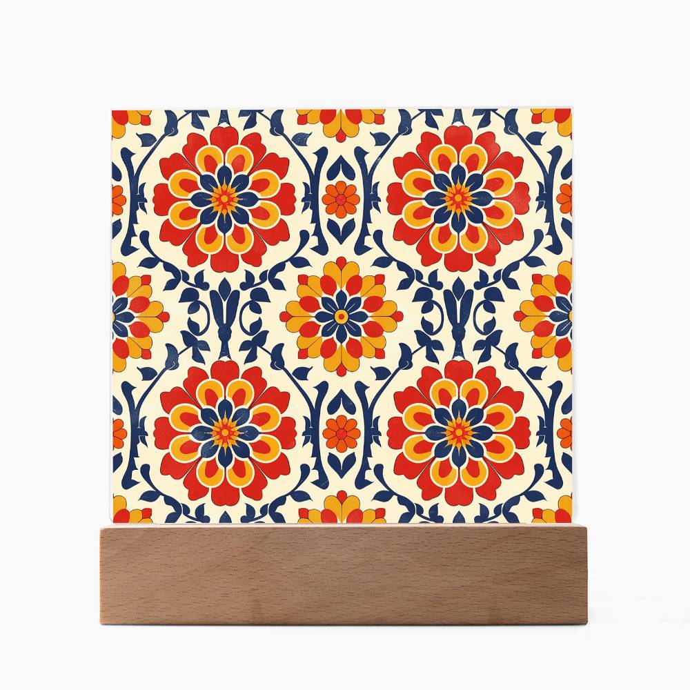 Mexican Floral Fiesta Pattern 047 - Square Acrylic Plaque With LED Base