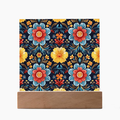 Mexican Floral Fiesta Pattern 046 - Square Acrylic Plaque With LED Base