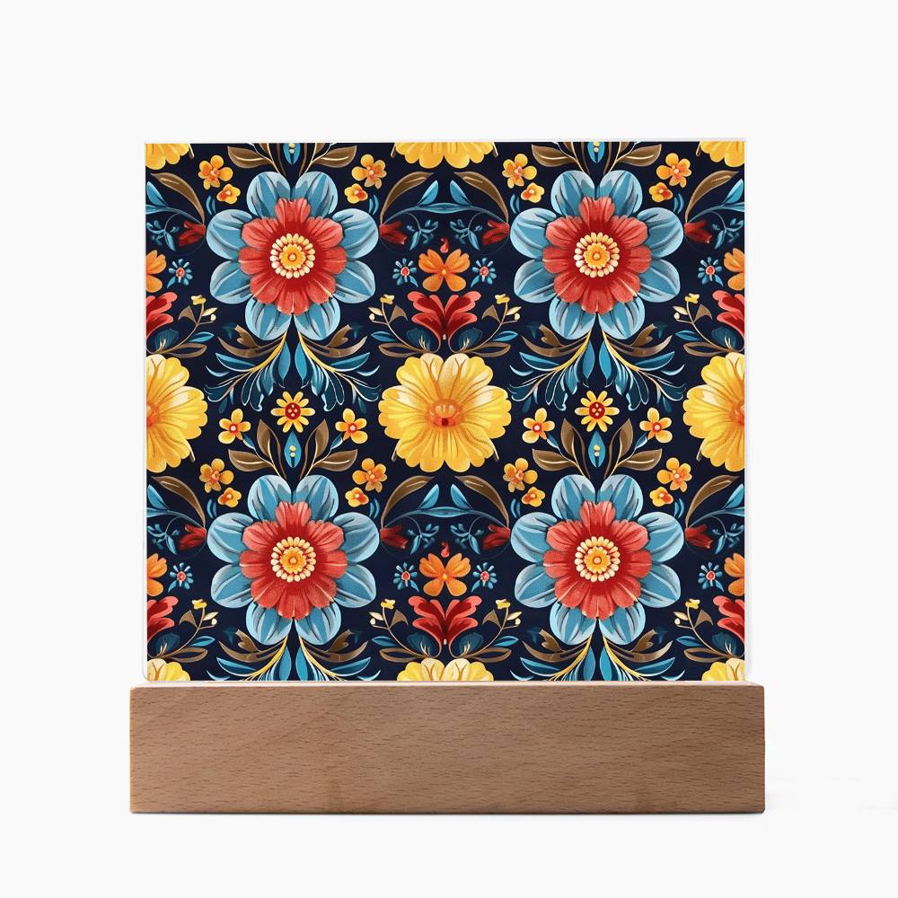 Mexican Floral Fiesta Pattern 046 - Square Acrylic Plaque With LED Base