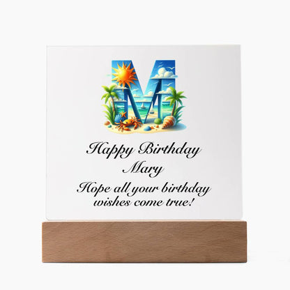 Happy Birthday Mary (Summer Beach) - Square Acrylic Plaque With LED Base