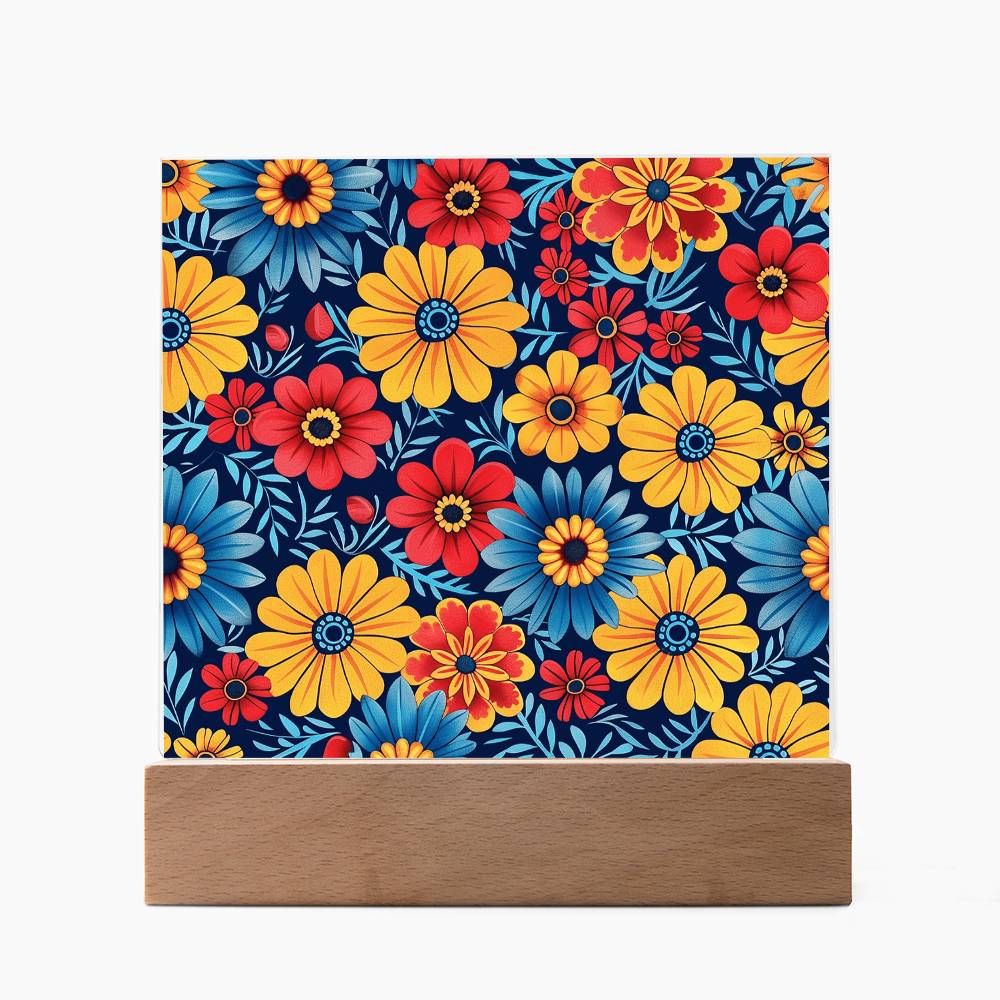 Mexican Floral Fiesta Pattern 045 - Square Acrylic Plaque With LED Base