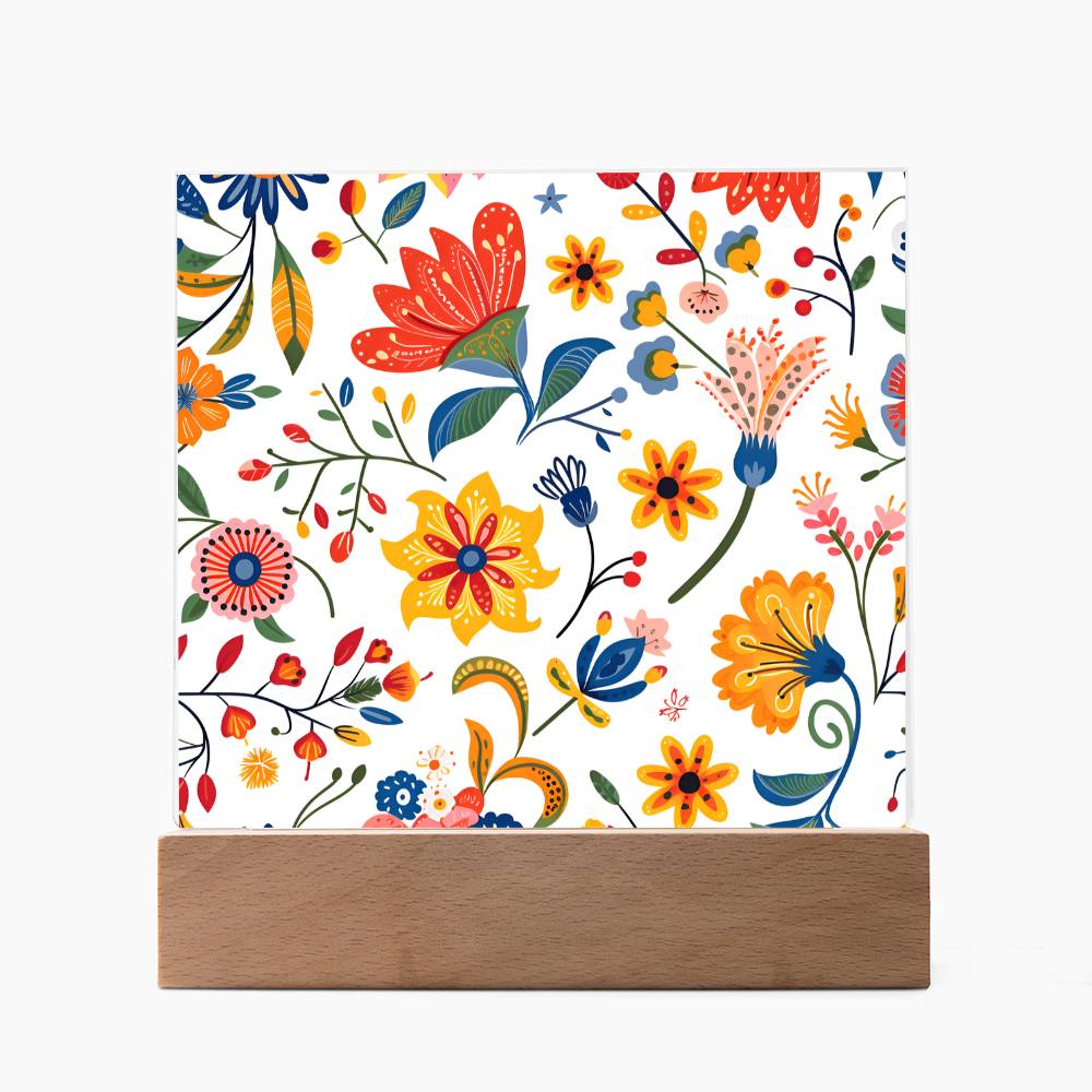Mexican Floral Fiesta Pattern 019 - Square Acrylic Plaque With LED Base