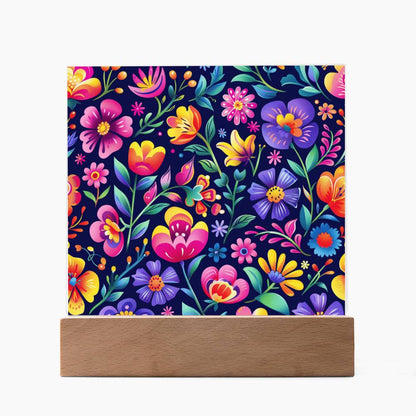 Mexican Floral Fiesta Pattern 065 - Square Acrylic Plaque With LED Base