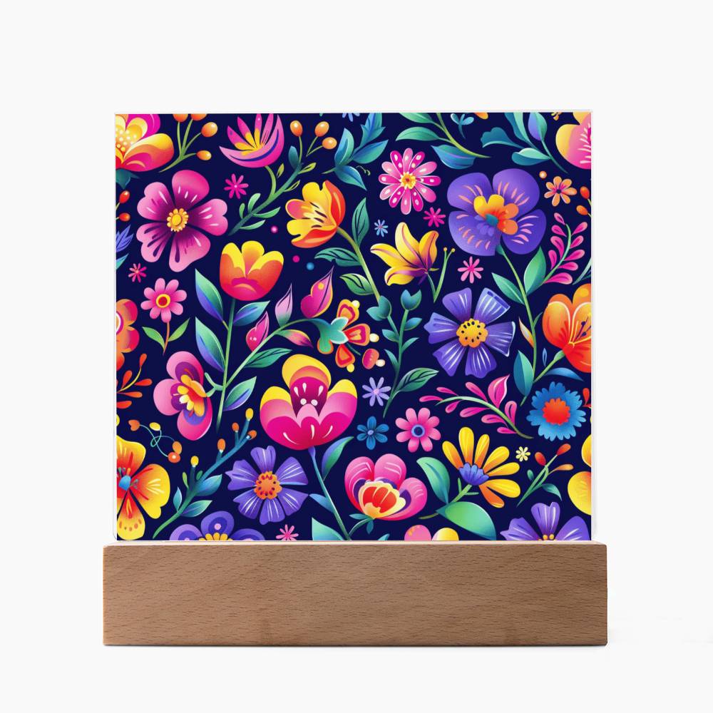 Mexican Floral Fiesta Pattern 065 - Square Acrylic Plaque With LED Base