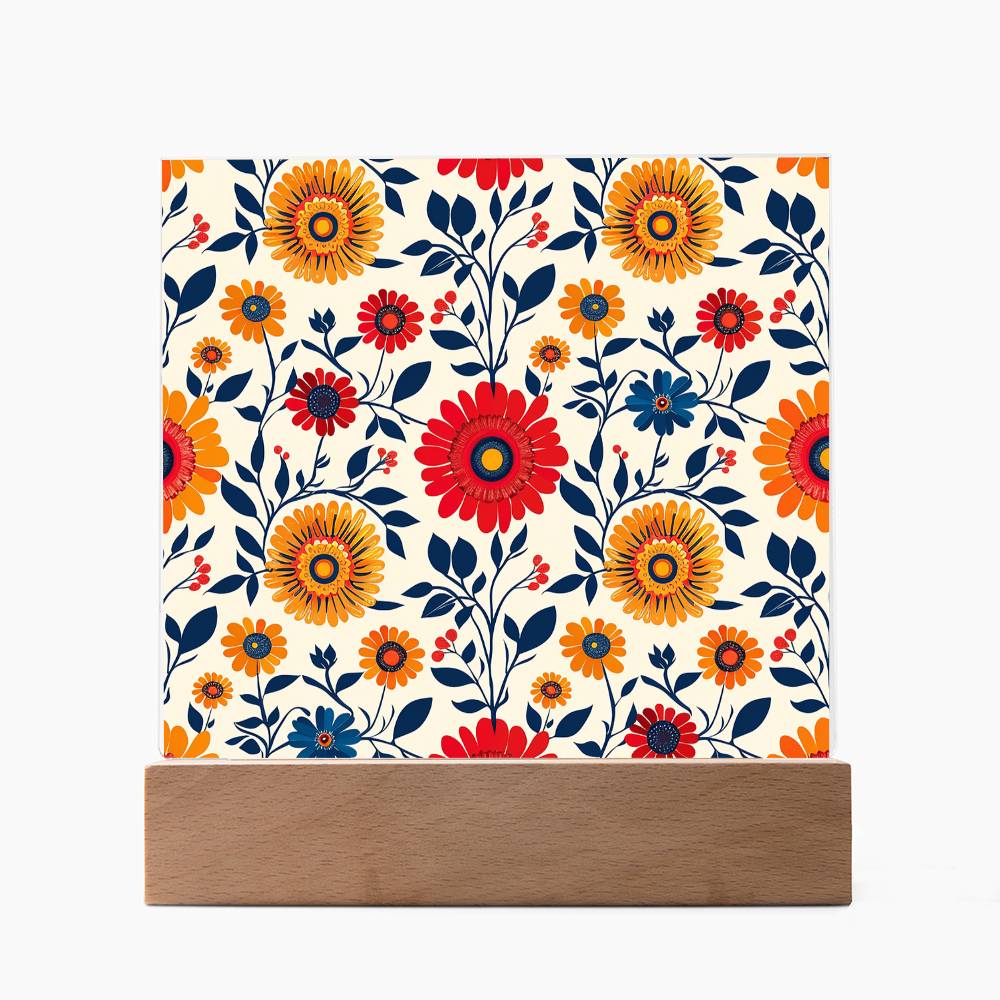 Mexican Floral Fiesta Pattern 040 - Square Acrylic Plaque With LED Base