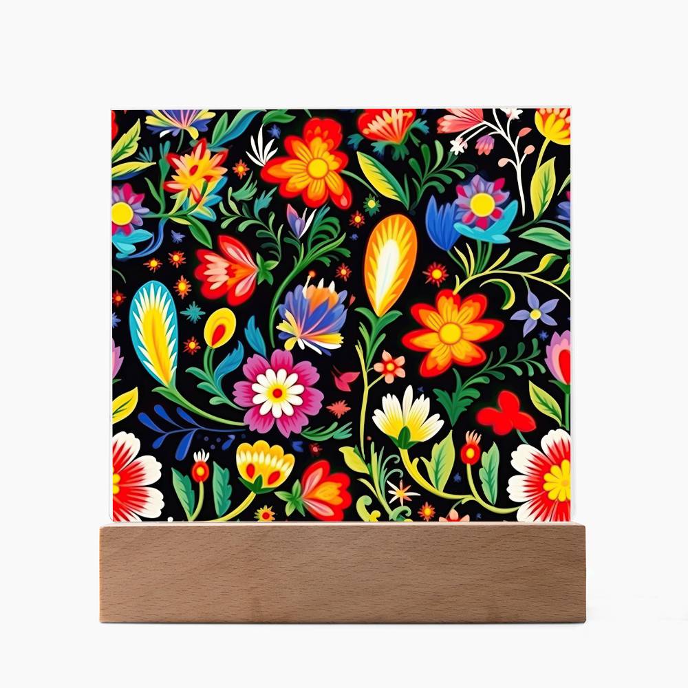 Mexican Floral Fiesta Pattern 038 - Square Acrylic Plaque With LED Base