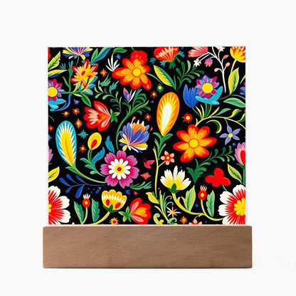 Mexican Floral Fiesta Pattern 038 - Square Acrylic Plaque With LED Base