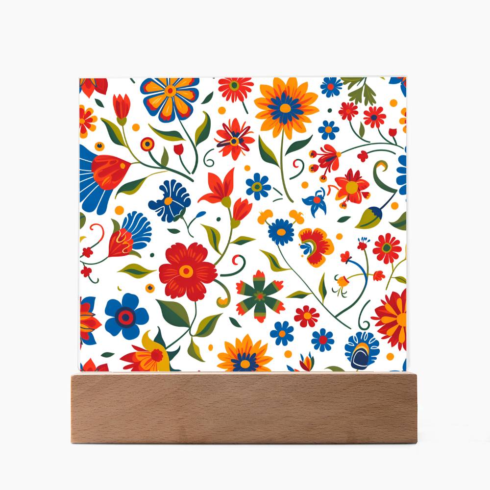 Mexican Floral Fiesta Pattern 014 - Square Acrylic Plaque With LED Base