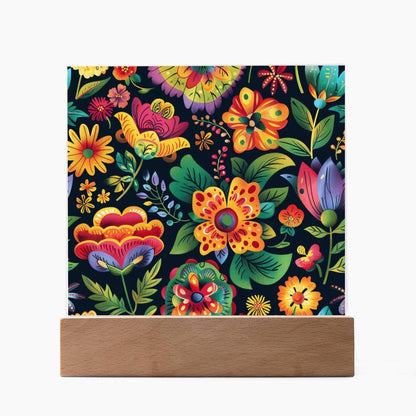 Mexican Floral Fiesta Pattern 068 - Square Acrylic Plaque With LED Base