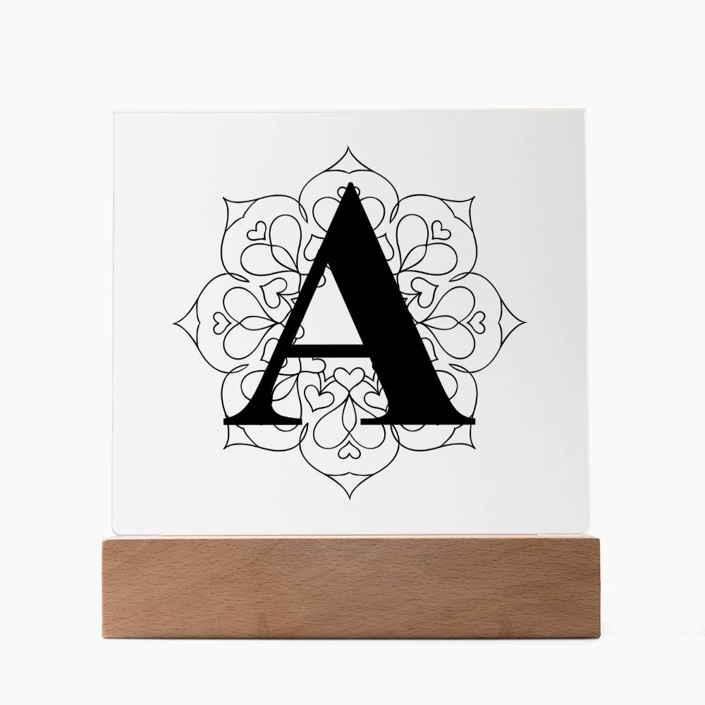 Magnolia Mandala Alphabet Letter A - Square Acrylic Plaque With LED Base