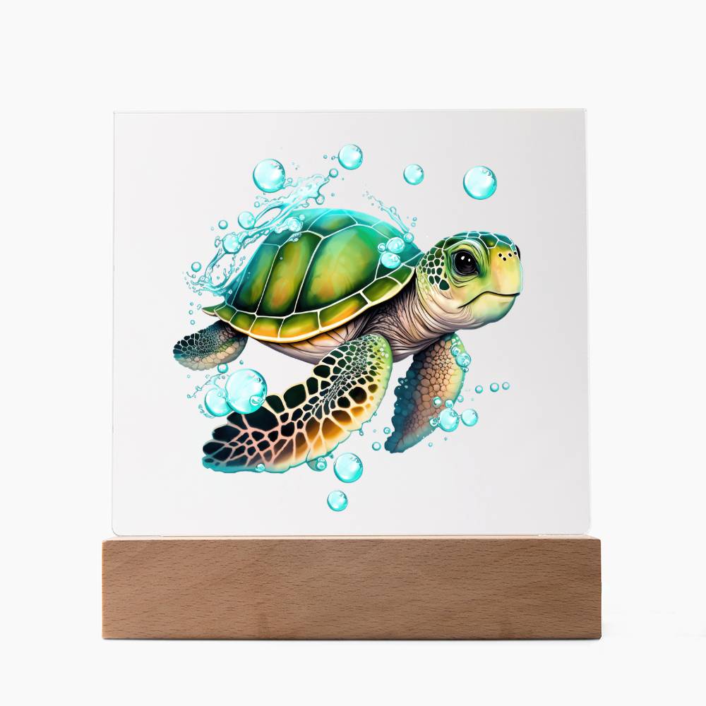 Cute Sea Turtle 005 - Square Acrylic Plaque With LED Base