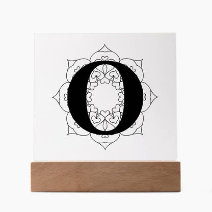 Magnolia Mandala Alphabet Letter O - Square Acrylic Plaque With LED Base