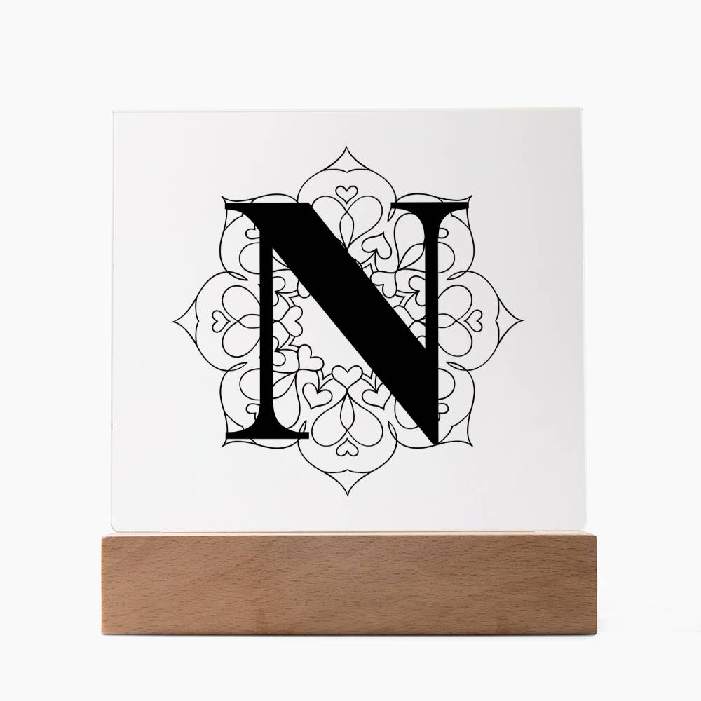 Magnolia Mandala Alphabet Letter N - Square Acrylic Plaque With LED Base
