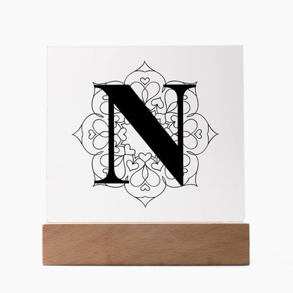 Magnolia Mandala Alphabet Letter N - Square Acrylic Plaque With LED Base