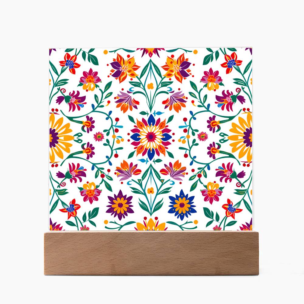 Mexican Floral Fiesta Pattern 027 - Square Acrylic Plaque With LED Base