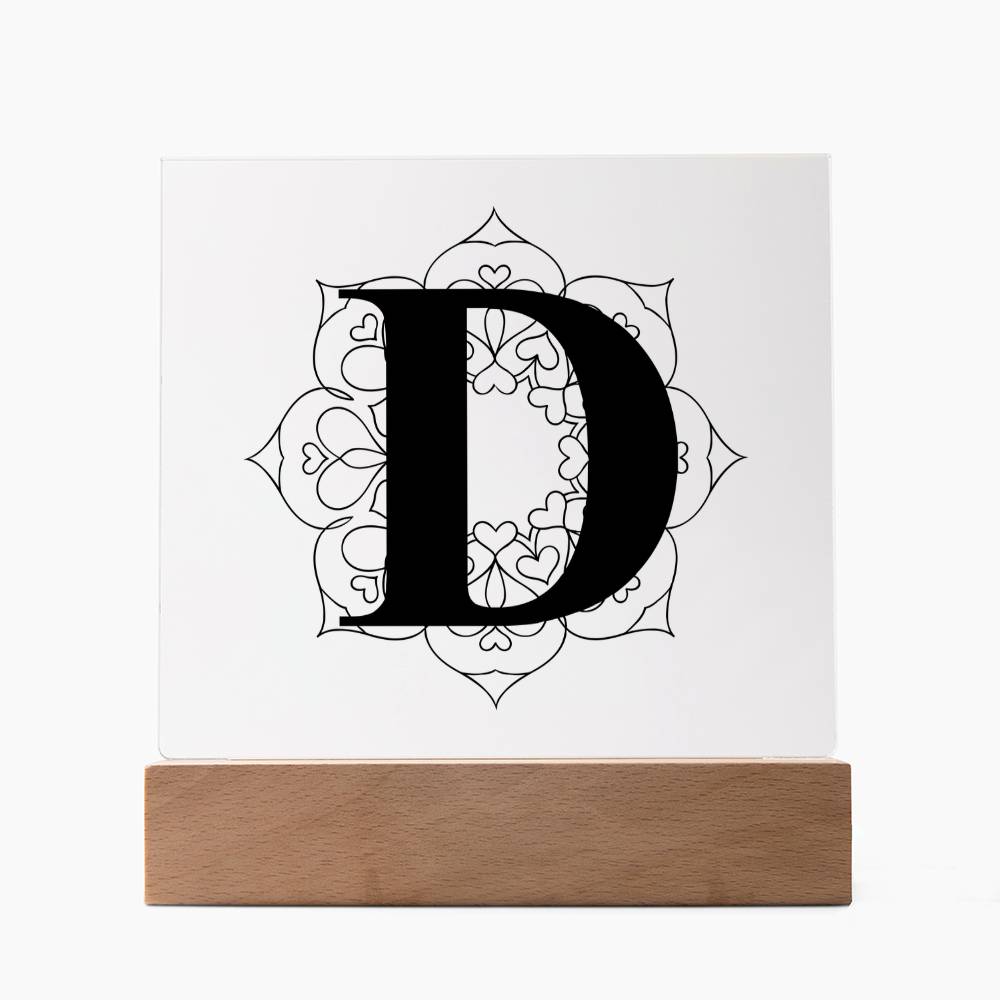 Magnolia Mandala Alphabet Letter D - Square Acrylic Plaque With LED Base