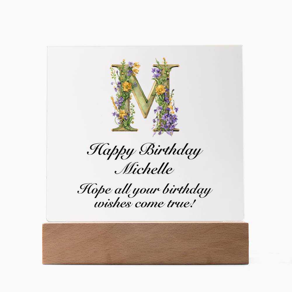 Happy Birthday Michelle (Lavender Flowers) - Square Acrylic Plaque With LED Base