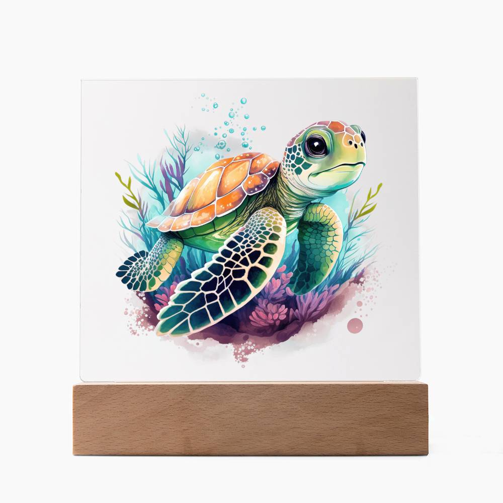 Cute Sea Turtle 007 - Square Acrylic Plaque With LED Base