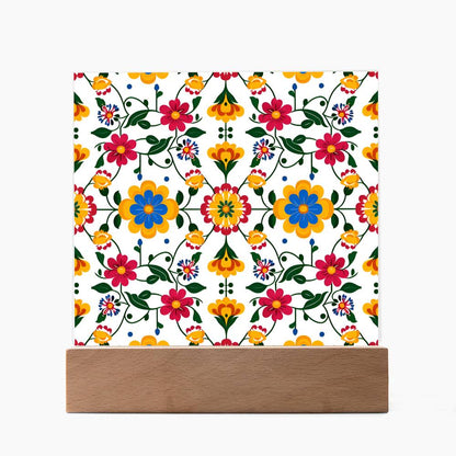 Mexican Floral Fiesta Pattern 018 - Square Acrylic Plaque With LED Base