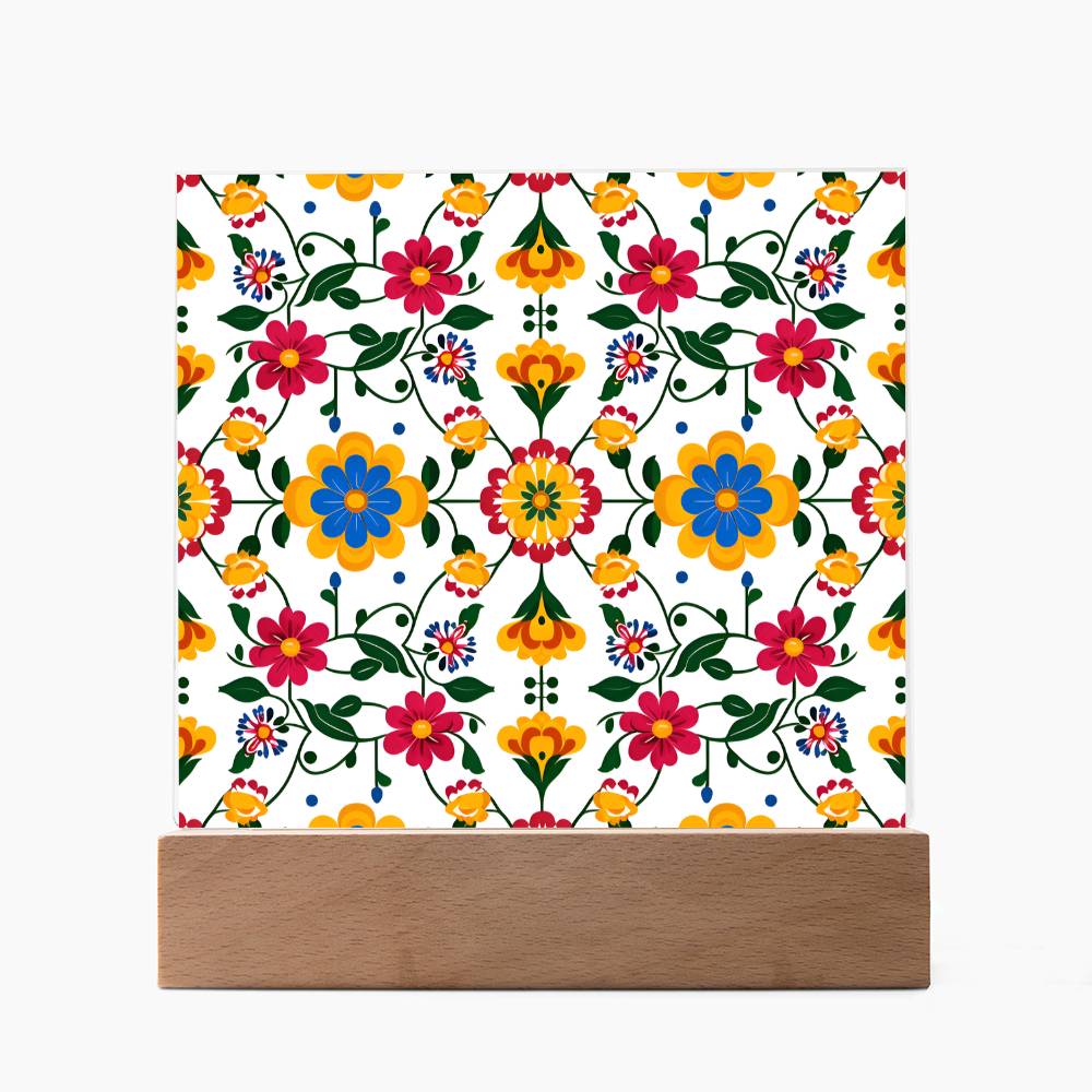 Mexican Floral Fiesta Pattern 018 - Square Acrylic Plaque With LED Base
