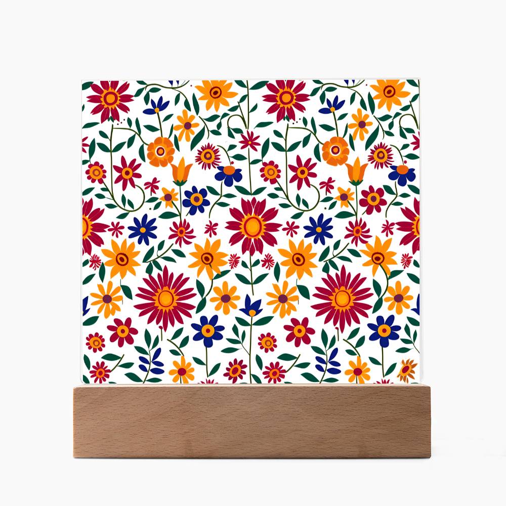 Mexican Floral Fiesta Pattern 017 - Square Acrylic Plaque With LED Base