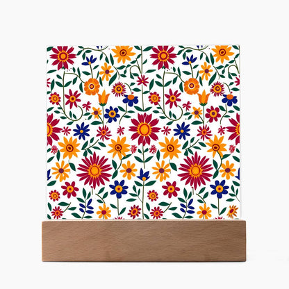 Mexican Floral Fiesta Pattern 017 - Square Acrylic Plaque With LED Base