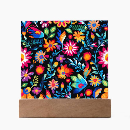 Mexican Floral Fiesta Pattern 053 - Square Acrylic Plaque With LED Base