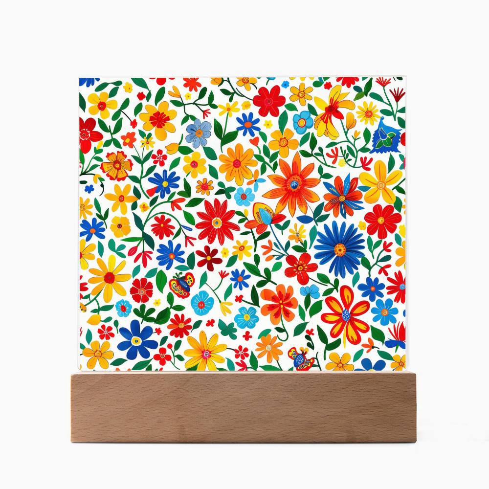 Mexican Floral Fiesta Pattern 009 - Square Acrylic Plaque With LED Base