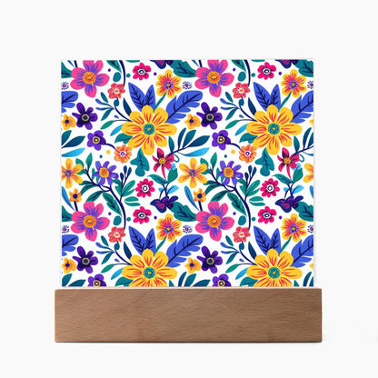 Mexican Floral Fiesta Pattern 064 - Square Acrylic Plaque With LED Base