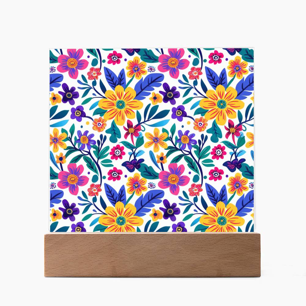 Mexican Floral Fiesta Pattern 064 - Square Acrylic Plaque With LED Base
