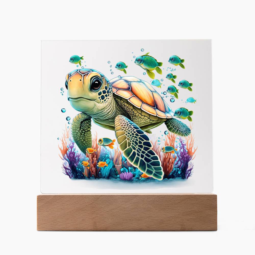 Cute Sea Turtle 003 - Square Acrylic Plaque With LED Base