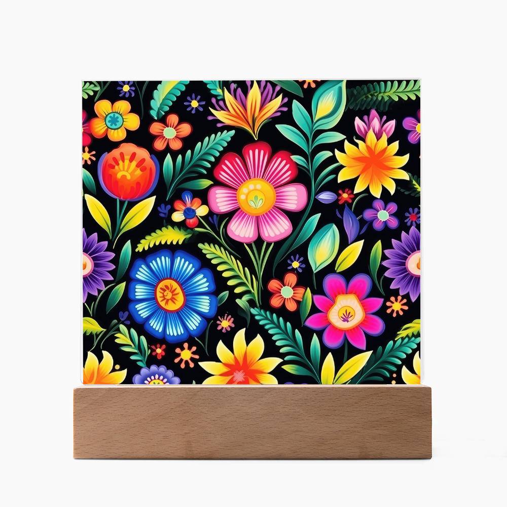 Mexican Floral Fiesta Pattern 029 - Square Acrylic Plaque With LED Base