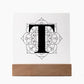 Magnolia Mandala Alphabet Letter T - Square Acrylic Plaque With LED Base