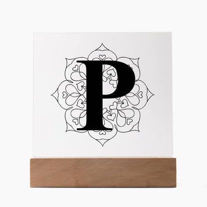 Magnolia Mandala Alphabet Letter P - Square Acrylic Plaque With LED Base