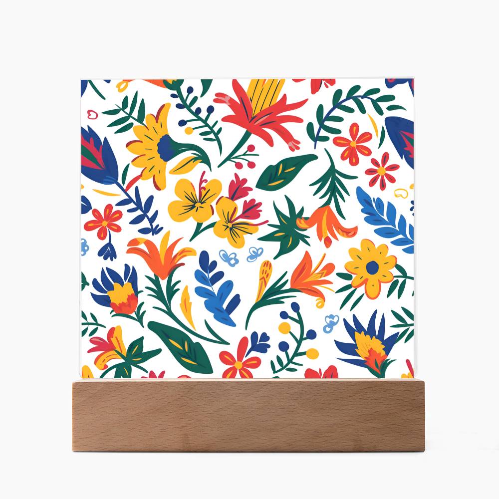 Mexican Floral Fiesta Pattern 021 - Square Acrylic Plaque With LED Base