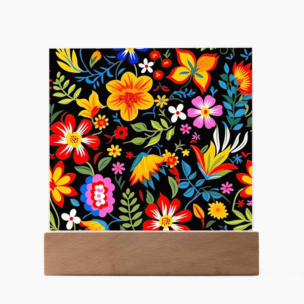 Mexican Floral Fiesta Pattern 037 - Square Acrylic Plaque With LED Base