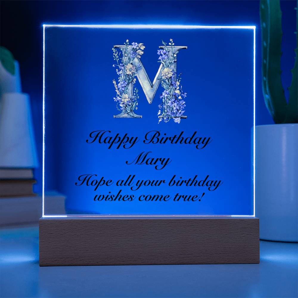 Happy Birthday Mary (Lavender Flowers) - Square Acrylic Plaque With LED Base