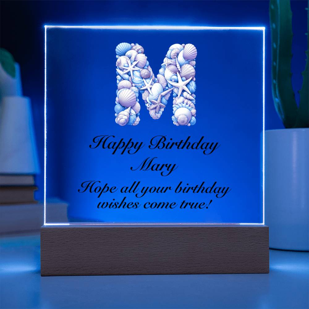 Happy Birthday Mary (Sea Life) - Square Acrylic Plaque With LED Base