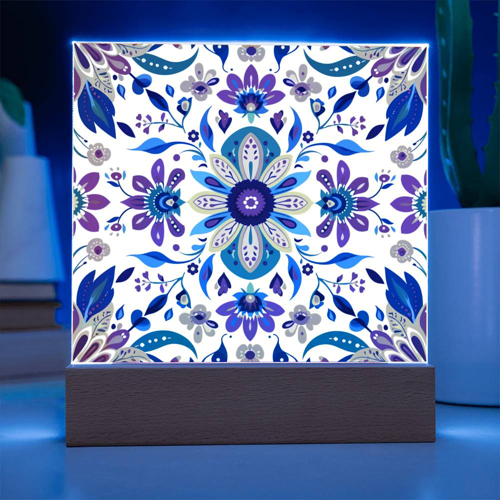 Mexican Floral Fiesta Pattern 069 - Square Acrylic Plaque With LED Base