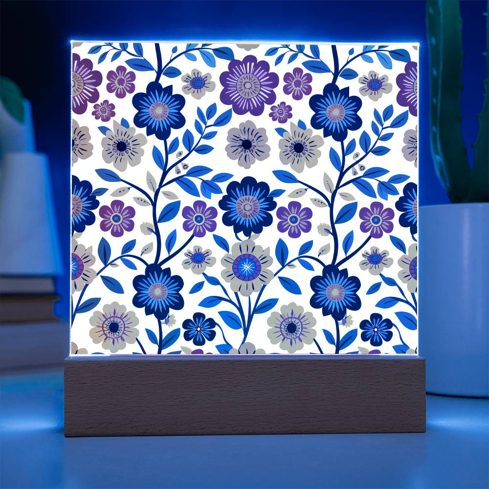 Mexican Floral Fiesta Pattern 002 - Square Acrylic Plaque With LED Base