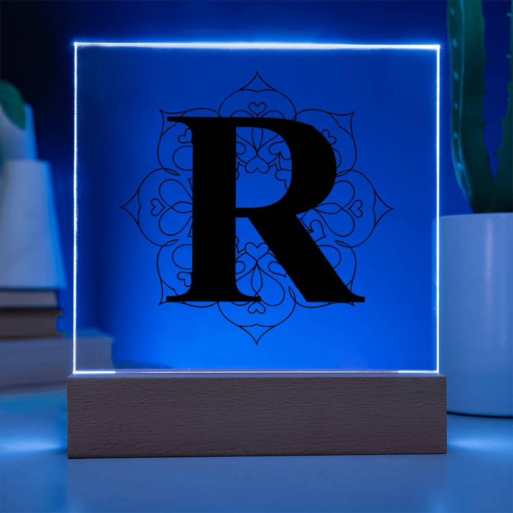 Magnolia Mandala Alphabet Letter R - Square Acrylic Plaque With LED Base