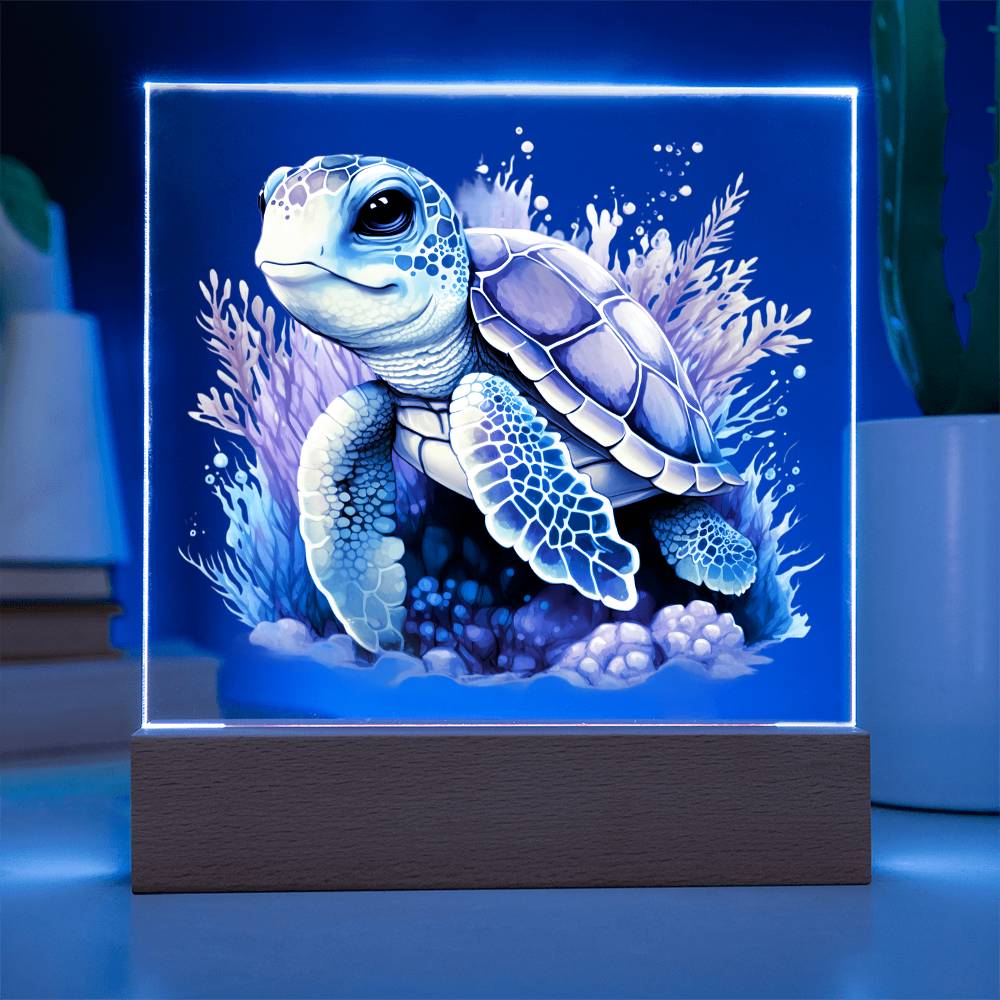 Cute Sea Turtle 012 - Square Acrylic Plaque With LED Base