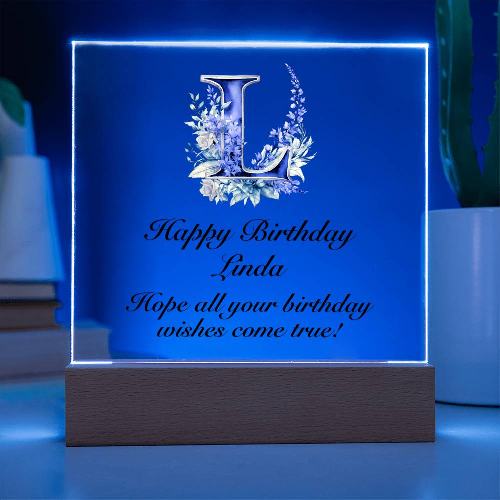 Happy Birthday Linda (Lavender Flowers) - Square Acrylic Plaque With LED Base